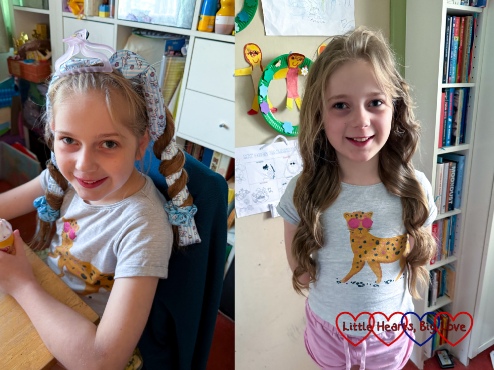 Before and after photos of Sophie using heatless curlers and 