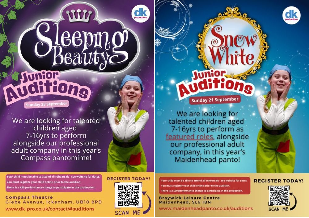 Audition ads for junior ensemble auditions for Sleeping Beauty and Snow White