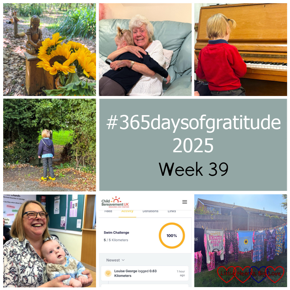 Sunflowers in front of the sculpture of Jessica at her forever bed; Thomas hugging Nanny; Thomas playing the piano; Thomas at the entrance to a path through a hedge; baby Thomas with his godmother Denise; the activity log showing my completed swim challenge; washing on the line - "#365daysofgratitude 2025 - Week 39"