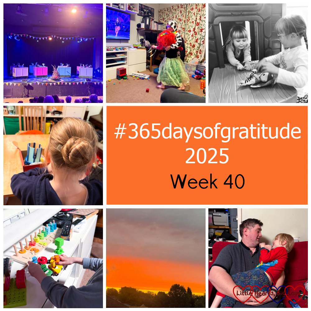 A stage with baking stations; Sophie and Thomas dancing together while watching Strictly; Sophie and Jessica playing in a play house; Sophie doing a tinker crate; Thomas playing with his Numberblock cars; a sunrise sky; Thomas and Daddy having a cuddle - "#365daysofgratitude 2025 week 40"