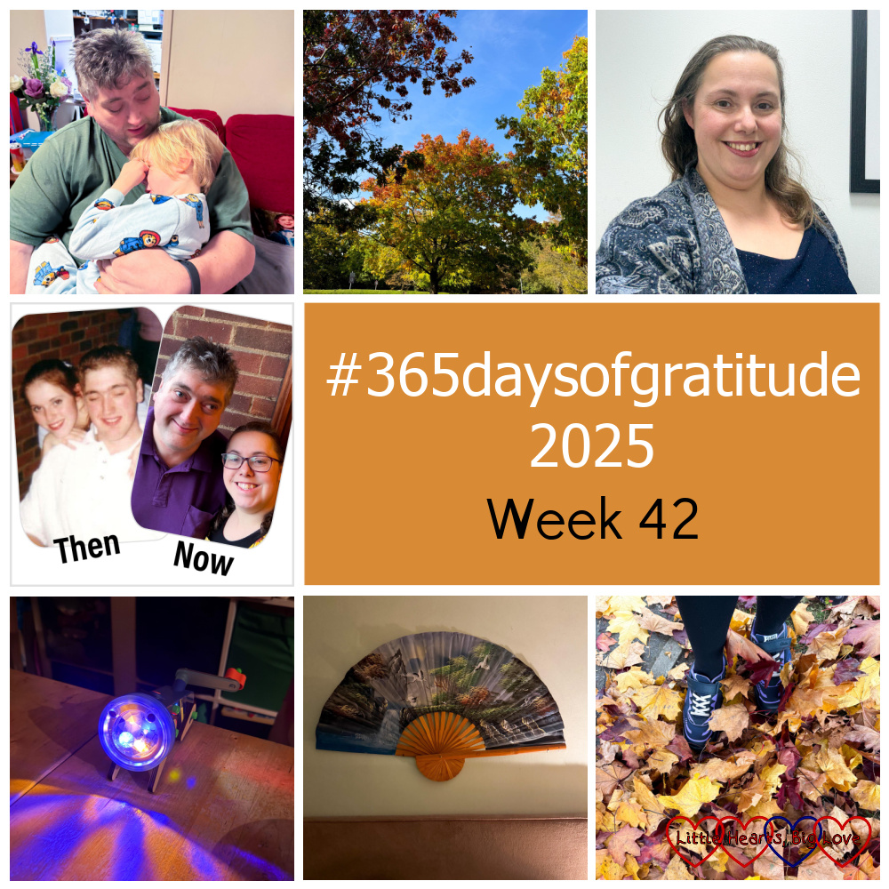 Thomas having a cuddle with Daddy; autumn trees against a blue sky; me at the concert; me and my husband when we first got together and now; a disco light; a giant fan over the headboard of a bed; my feet surrounded by fallen leaves - "#365daysofgratitude 2025 - Week 42"