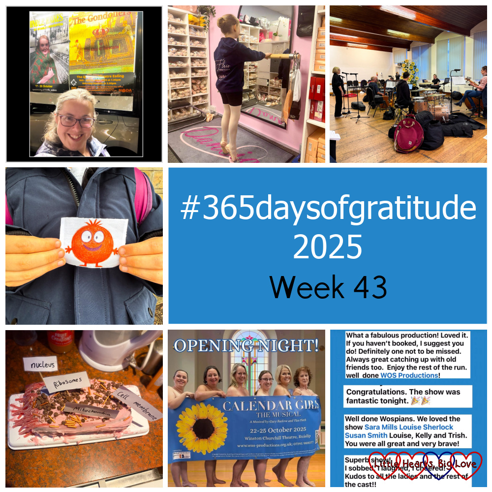 Me in front of a poster for the Gondoliers; Sophie standing at a barre wearing pointe shoes; the band for Calendar Girls; Thomas's 'Redy' picture; Sophie's cell cake; a promo shot for Calendar Girls with six nude ladies behind a banner; audience feedback for the show - "#365daysofgratitude 2025 - Week 43"