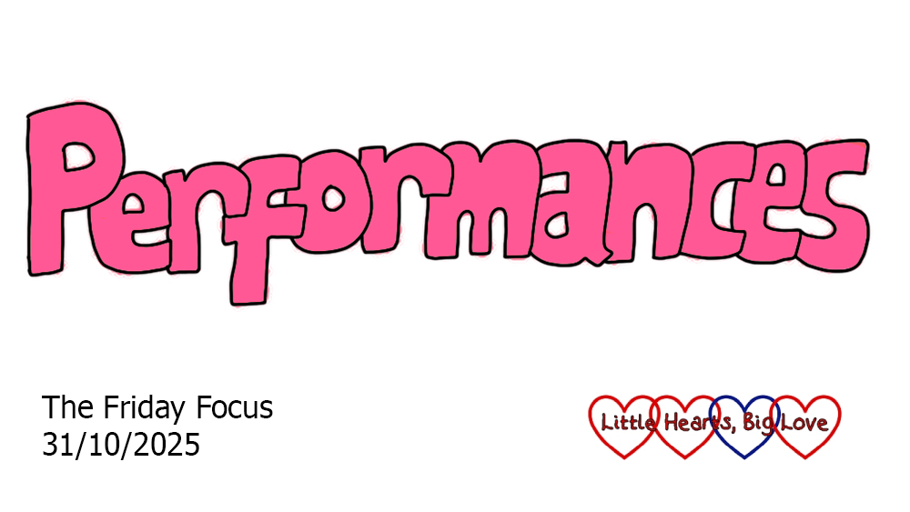 The word 'performances' in pink bubble writing