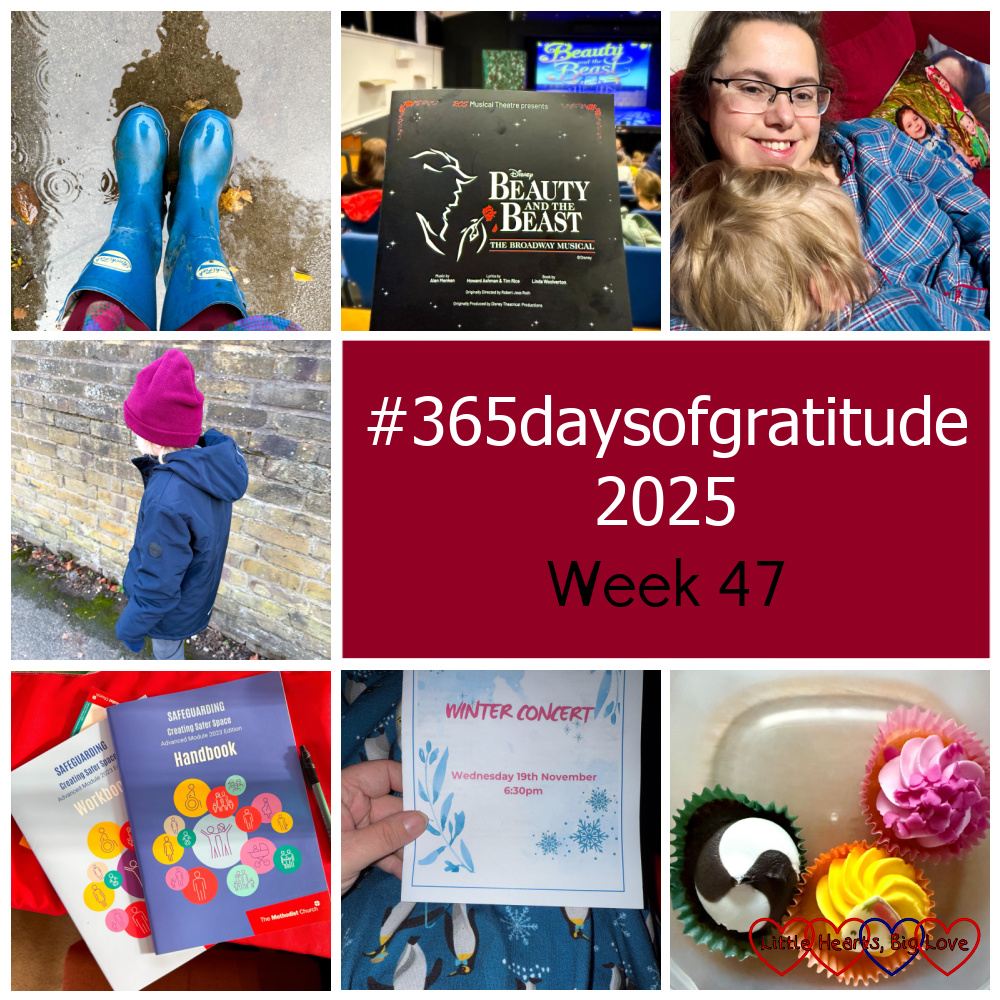 My blue welly boots; a programme for Beauty and the Beast; Thomas snuggling up to me on the sofa; Thomas in his warm winter hat, coat and gloves; safeguarding training booklets; a programme for Sophie's winter concert; three cupcakes in a container - "#365daysofgratitude 2025 - Week 47"