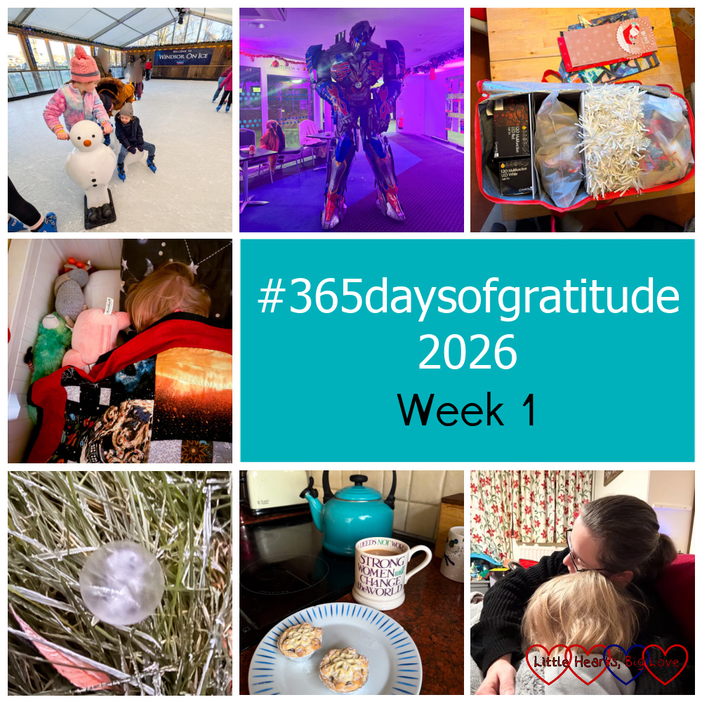 Me, Sophie and Thomas at the ice rink; a Transformer at the post-panto party; a storage bag filled with Christmas decorations; Thomas snuggled under a solar-system-themed quilt; a frozen bubble on frosty grass; a mug of tea and a plate with two mince pies; me having snuggles with Thomas on the sofa - "#365daysofgratitude 2026 - Week 1"