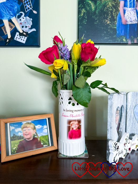 Roses and daffodils in Jessica's memory vase