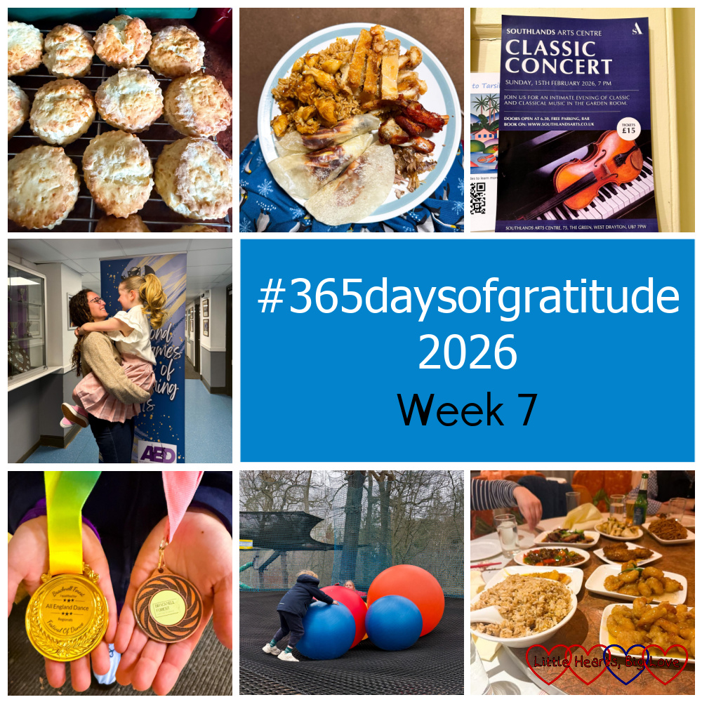Cheese scones on a wire rack; a plate loaded with Chinese food; a poster for a 'Classic Concert'; Sophie with her dance teacher; Sophie holding a qualifying medal and a bronze medal; Thomas and Sophie on the Nets Adventure; Chinese food on a lazy Susan - "#365daysofgratitude 2026 - Week 7"