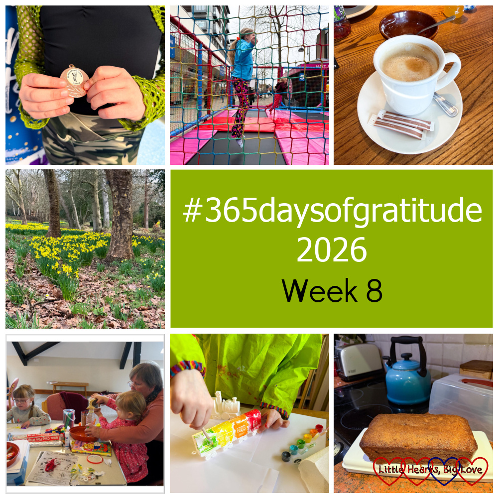 Sophie holding a bronze medal; Sophie and Thomas on trampolines; a latte; daffodils in the woods; Sophie and Jessica with Jenny, their Sunday school teacher; Thomas painting a model of the Numberblocks Express; a tea loaf - "#365daysofgratitude 2026 - Week 8"