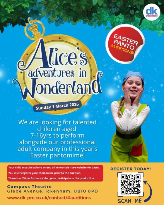 A picture of Sophie on the junior ensemble audition poster for 'Alice's Adventures in Wonderland'