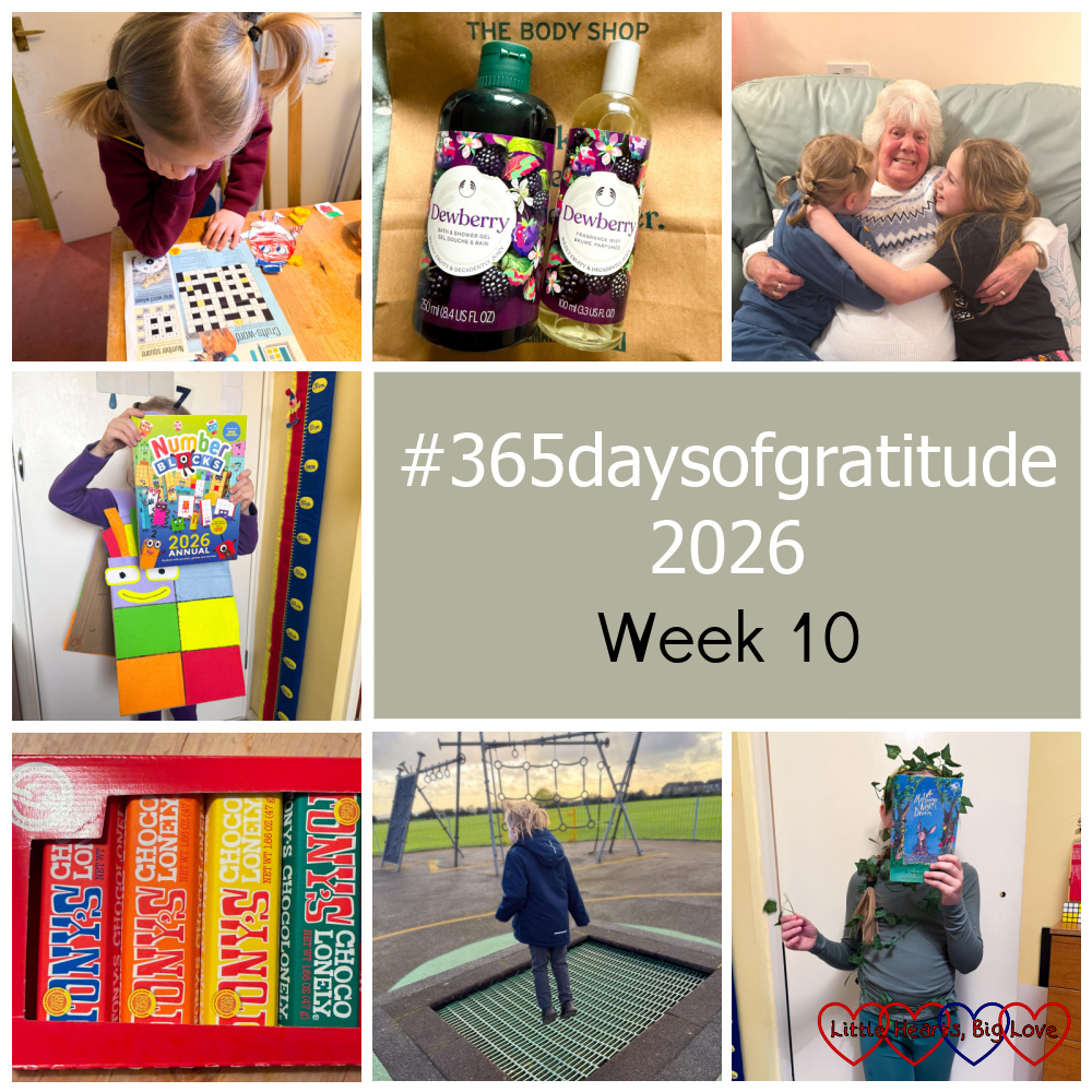 Thomas doing a crossword; Dewberry shower gel and body spray; Sophie and Thomas hugging my mum; Thomas in his Numberblock Seven costume; Tony's Chocolonely chocolate bars; Thomas on the trampoline at the park; Sophie dressed as Puck for World Book Day - "#365daysofgratitude 2026 - Week 10"