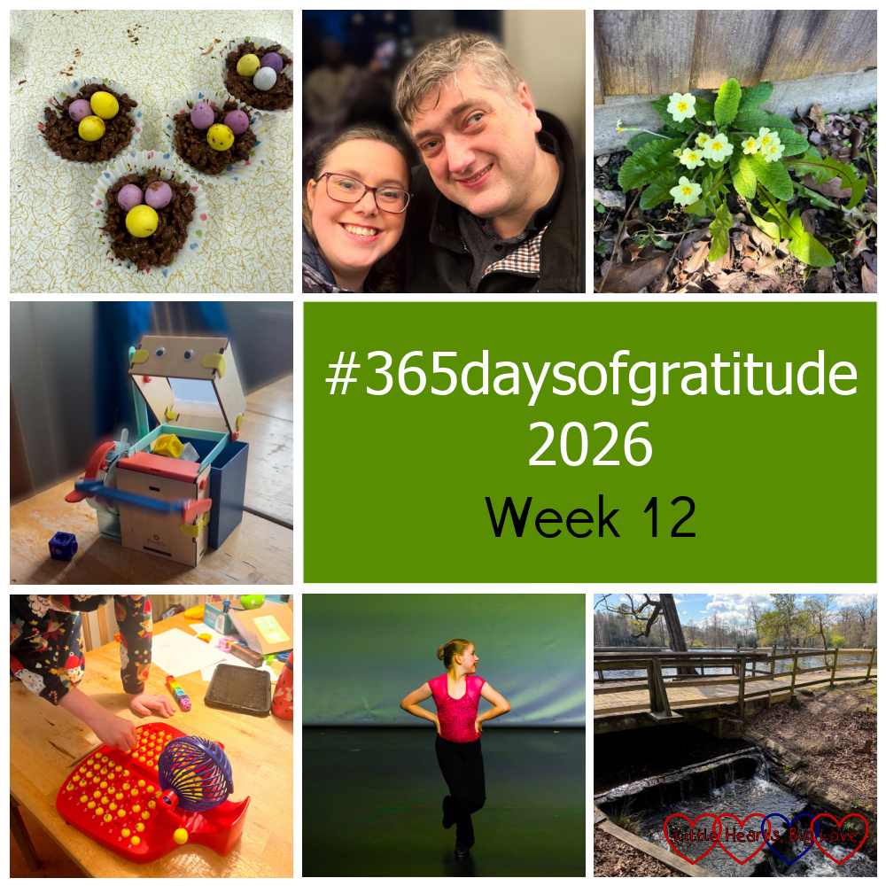 Chocolate rice crispie cakes; me and my husband; primroses in the garden; a Numberblock-eating robot; Thomas playing with bingo balls; Sophie doing a tap solo; a bridge over a weir - "#365daysofgratitude 2026 - Week 12"