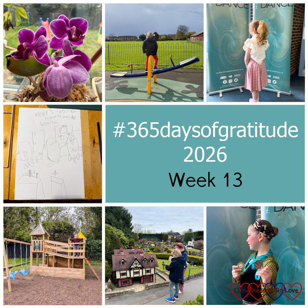 Purple orchids; Thomas on a seesaw; Sophie in her musical theatre costume; one of Thomas's drawings; Thomas at a play area; Thomas and Sophie at Bekonscot; Sophie in her tap group costume with two medals - "#365daysofgratitude 2026 - Week 13"