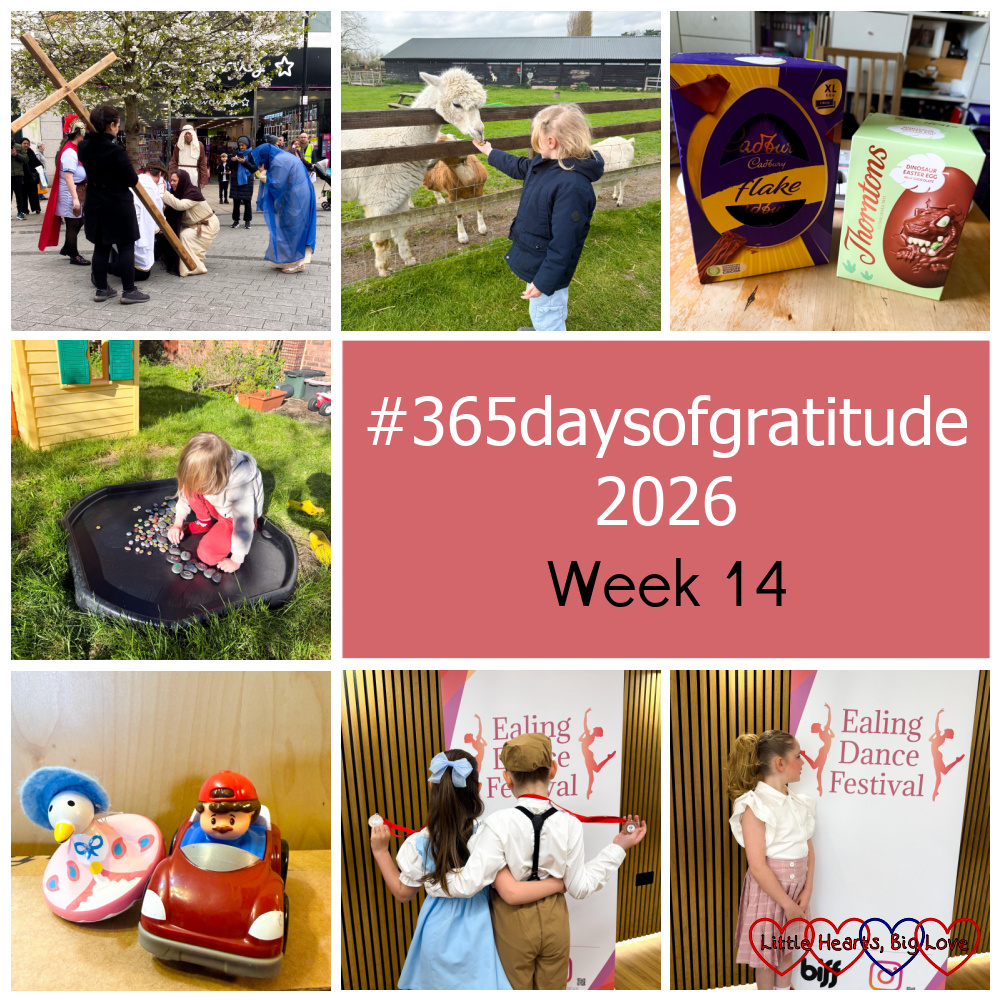 A scene from the Passion play; Thomas feeding an alpaca; chocolate Easter eggs; Thomas playing with his number pebbles; a Jemima Puddleduck toy and a car; Sophie with her duet partner; Sophie standing in front of a dance festival banner - "#365daysofgratitude 2026 - Week 14"