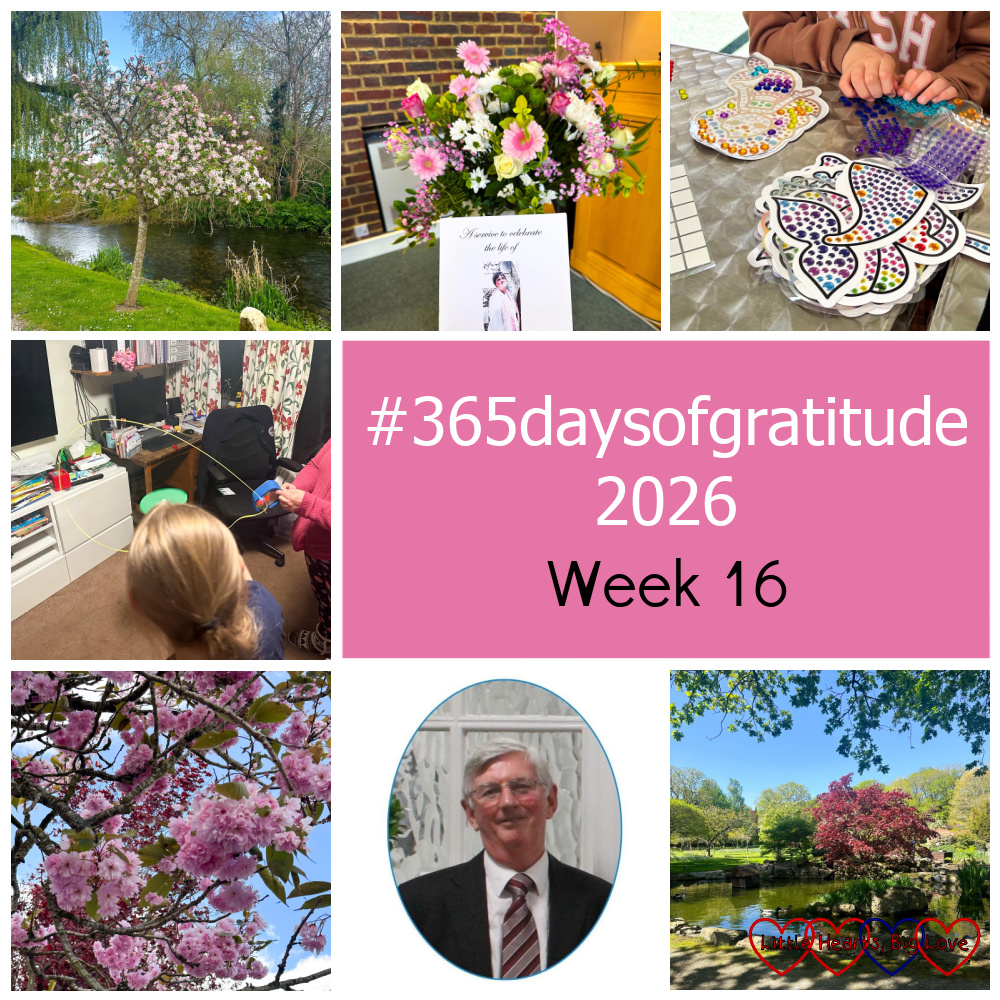 A blossom covered tree by a stream; a flower arrangement in a church; Sophie doing gem art; Sophie holding a string shooter; pink blossom on a tree; a photo of Peter K; a pond - "#365daysofgratitude 2026 - Week 16"