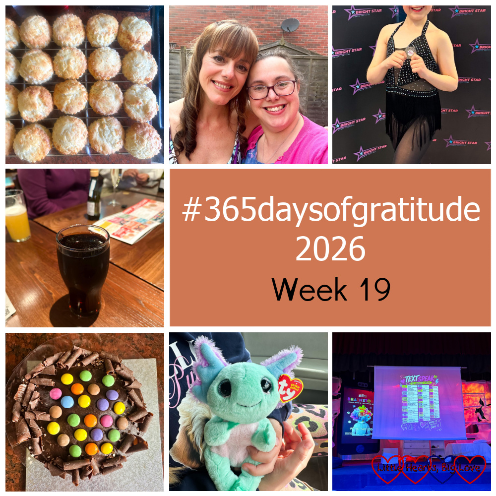 Cheese scones; me and my twin; Sophie with her silver medal; a glass of Coke at the pub; a 'Colorball' cake; an axolotl plushie; the set for 'Brainstorm' - #365daysofgratitude 2026 - Week 19"