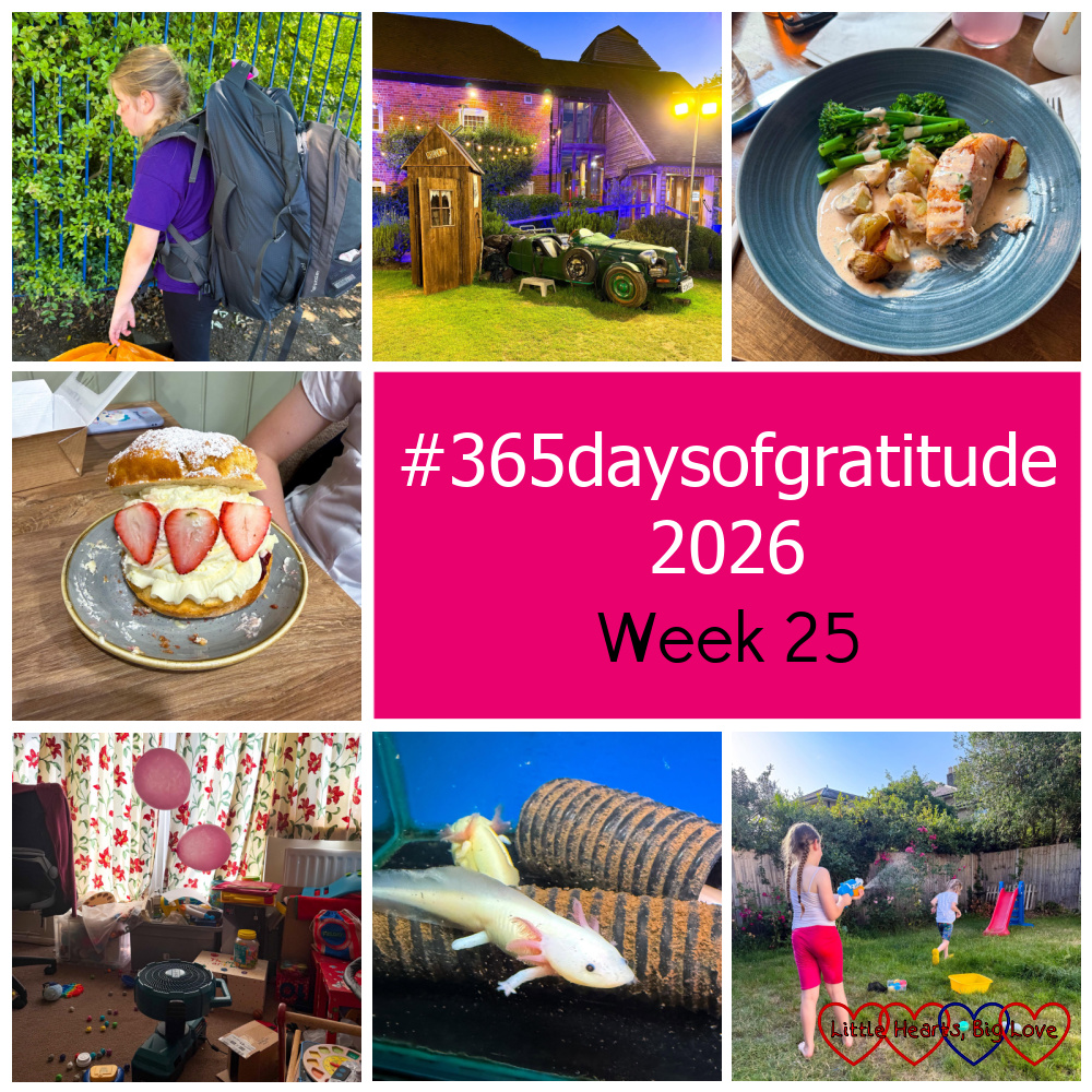 Sophie with her kit from her residential; the Watermill theatre; salmon with potatoes and broccoli; a cream scone with strawberries; two balloons hovering over a fan; an axolotl in a fish tank; Sophie and Thomas having a water fight - "#365daysofgratitude 2026 - Week 25"