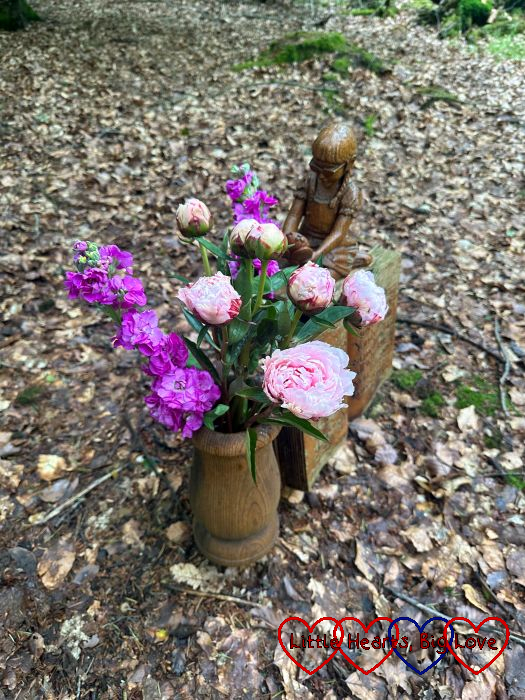 Pink peonies and purple stocks at Jessica's forever bed