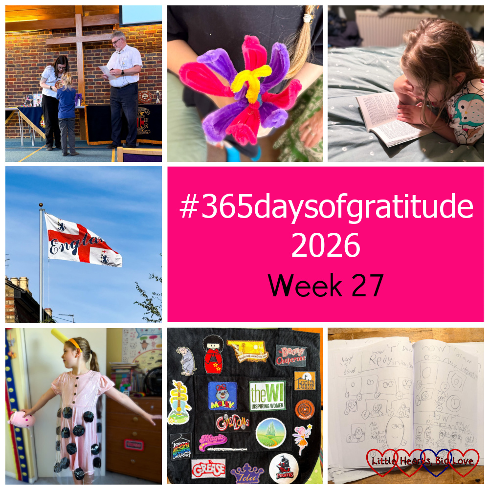 Thomas getting his awards at the Brigades' awards evening; Sophie's pipe cleaner flower; Sophie reading a book; an England flag; Sophie's bubble tea costume; my rehearsal bag; Thomas's comic book - "#365daysofgratitude 2026 - week 27"