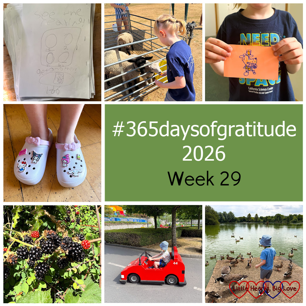 The last page of Thomas's Colorball comic; Thomas feeding sheep at the summer fete; Thomas's drawing of Dogman; Sophie's Hello Kitty crocs; blackberries; Thomas driving a Lego City Driving School car at Legoland; Thomas feeding ducks - "#365daysofgratitude 2026 - Week 29"