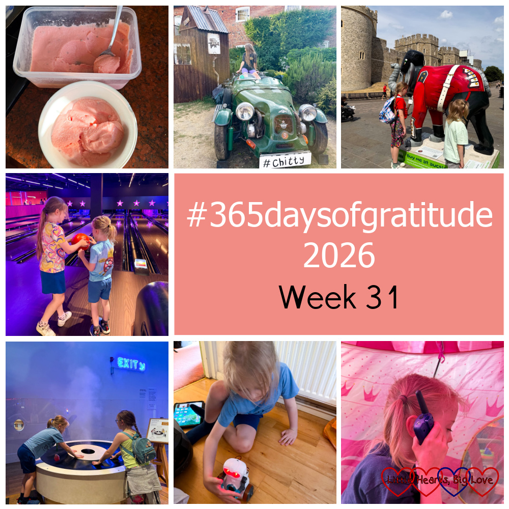 Homemade watermelon ice-cream; Sophie sitting in the Chitty car outside the theatre; Sophie and Thomas looking at an elephant sculpture near Windsor Castle; Sophie and Thomas bowling; Sophie and Thomas at the science museum; Thomas with his new robot; Thomas talking on his walkie-talkie - "#365daysofgratitude 2026 - Week 31"