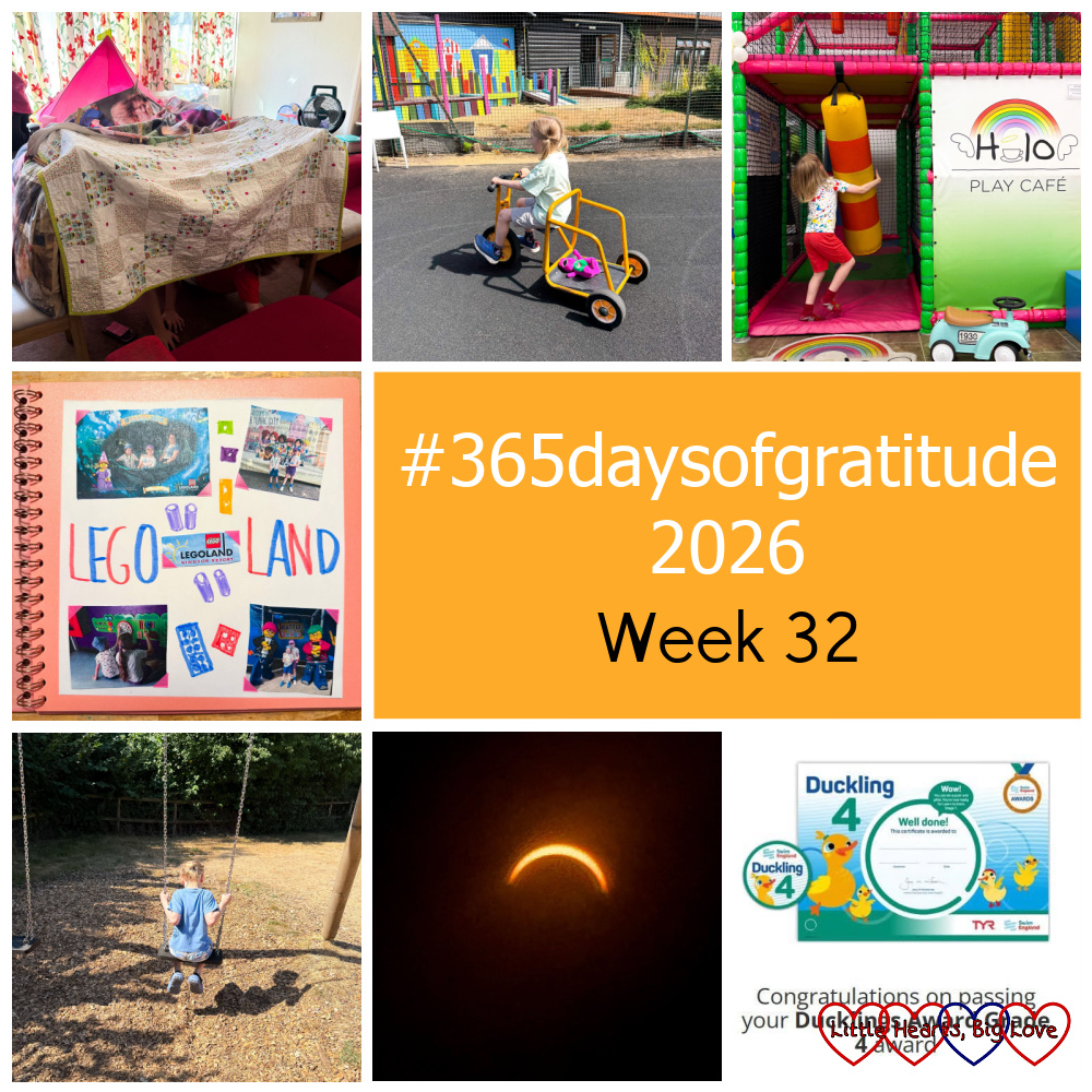 A blanket fort in the living room; Thomas riding a bike; Thomas at soft play; a scrapbook page; Thomas on a swing; the solar eclipse; a Duckling 4 award certificate and badge - "#365daysofgratitude 2026 week 32"