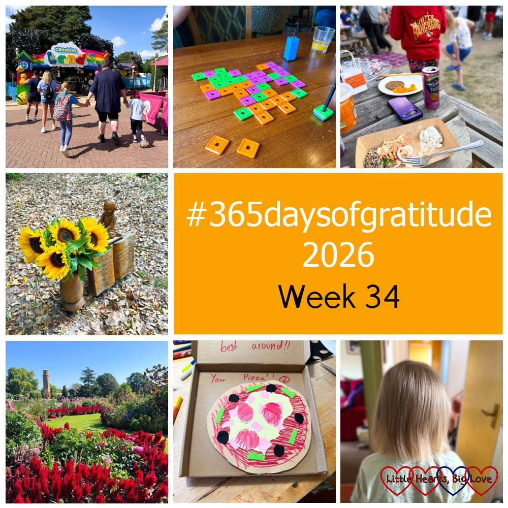 My husband with Sophie and Thomas at CBeebies Land; a tile game; the Chitty picnic; sunflowers at Jessica's forever bed; a flower bed at Kew Gardens; a 'pizza' made from cardboard; Thomas's new haircut - "#365daysofgratitude 2026 - Week 34"