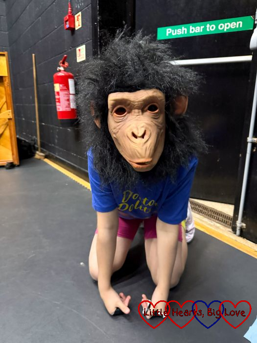 Sophie wearing a chimp head and her Doctor Dolittle T-shirt