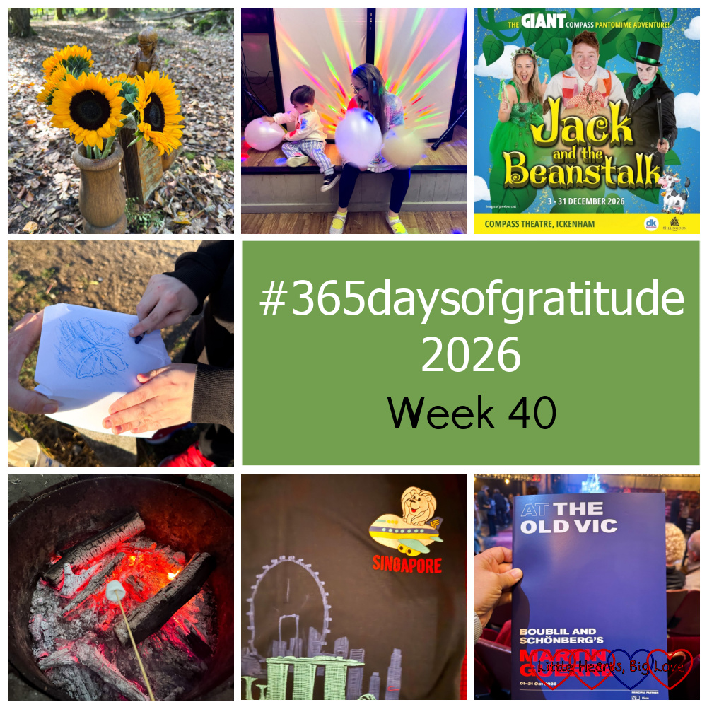 Sunflowers at Jessica's forever bed; Sophie with her little cousin; a flyer for Jack and the Beanstalk; Thomas doing a brass rubbing of a butterfly; marshmallows toasting over a fire pit; a T-shirt from Singapore; a programme for Martin Guerre - "#365daysofgratitude - Week 40"