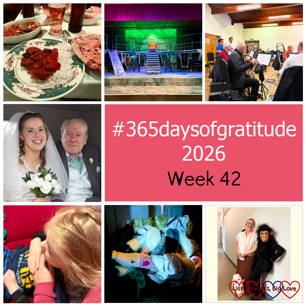 A curry; the set for Into the Woods; the band call for Doctor Dolittle; me and my dad on my wedding day; Thomas snuggled up to me on the sofa; Gub-Gub the pig and Jip the dog puppets in an armchair backstage; me and Sophie backstage - "#365daysofgratitude 2026 week 42"