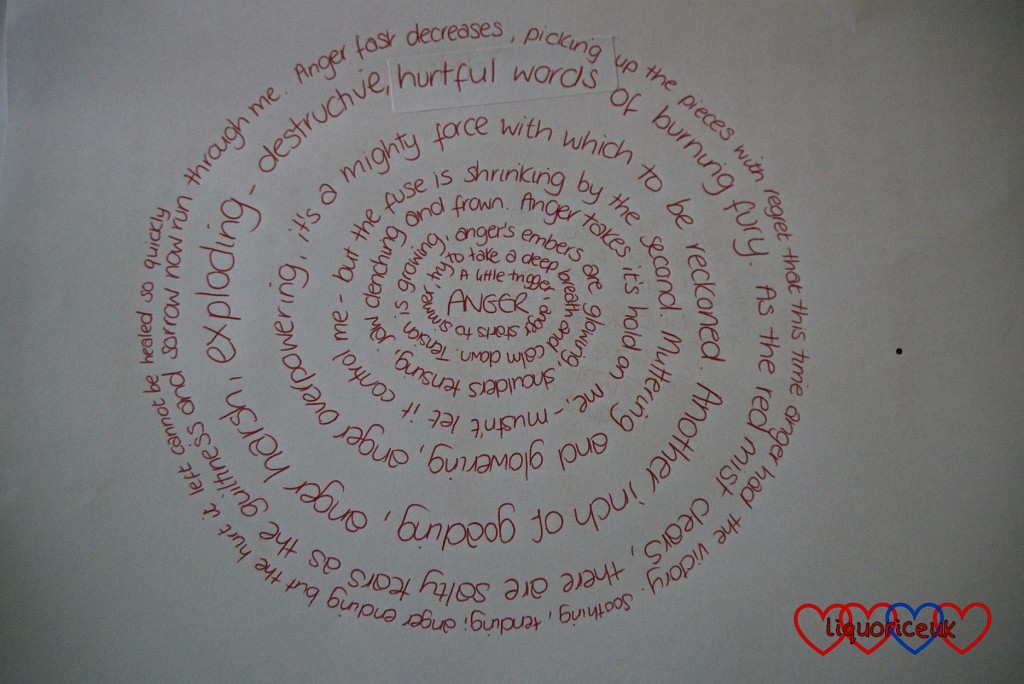 The handwritten version of my spiral poem on "Anger"