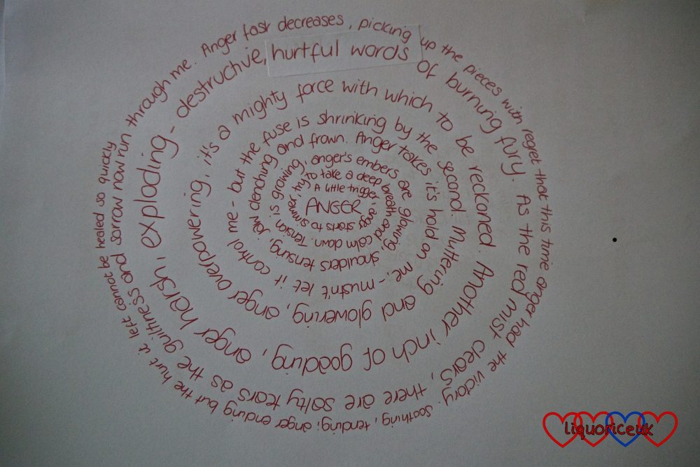 The handwritten version of my poem "Anger" showing the spiral of anger