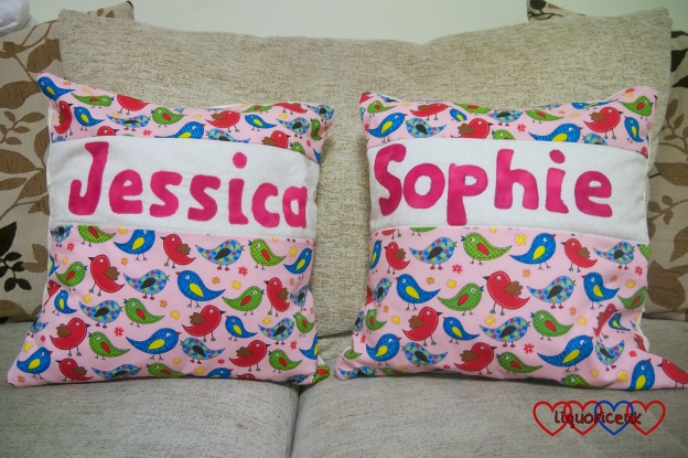 Two cushions with Jessica and Sophie's names on