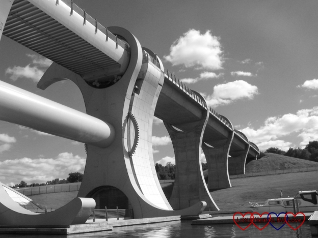 A black and white photo of the Falkirk Wheel