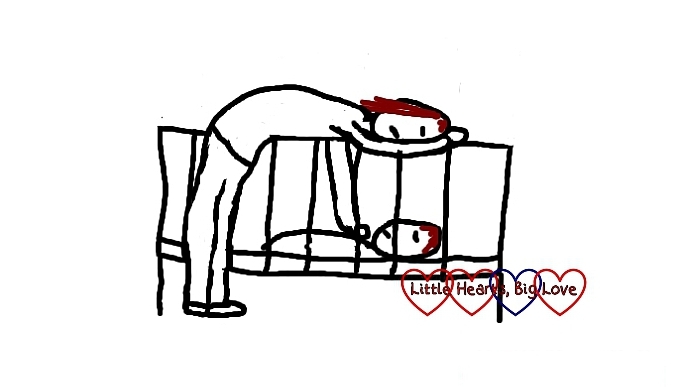 A cartoon of a mum falling asleep whilst lying on the top bar of her baby's cot