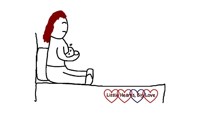 A cartoon of a mum dozing off while breastfeeding her baby