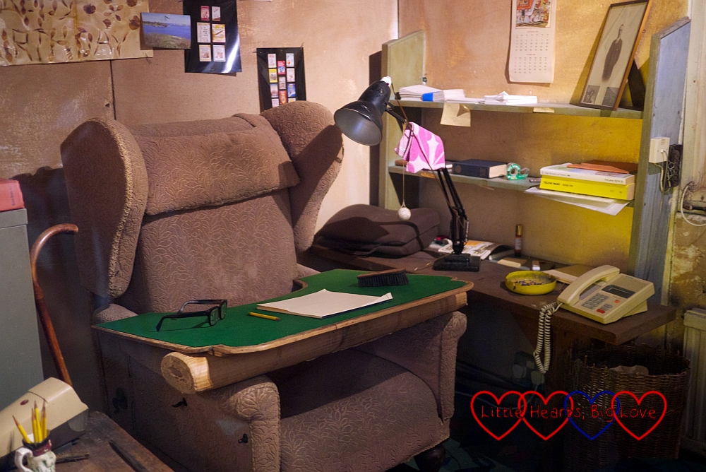 The inside of Roald Dahl's writing hut with his writing chair set up in the centre