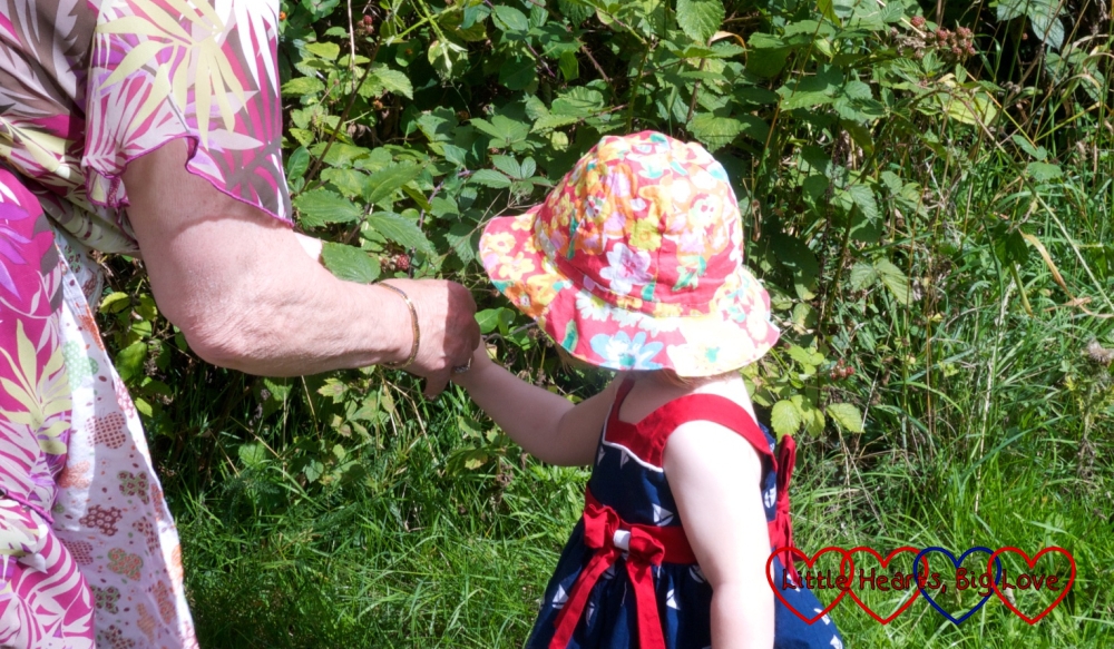 Sophie helping Grandma pick blackberries