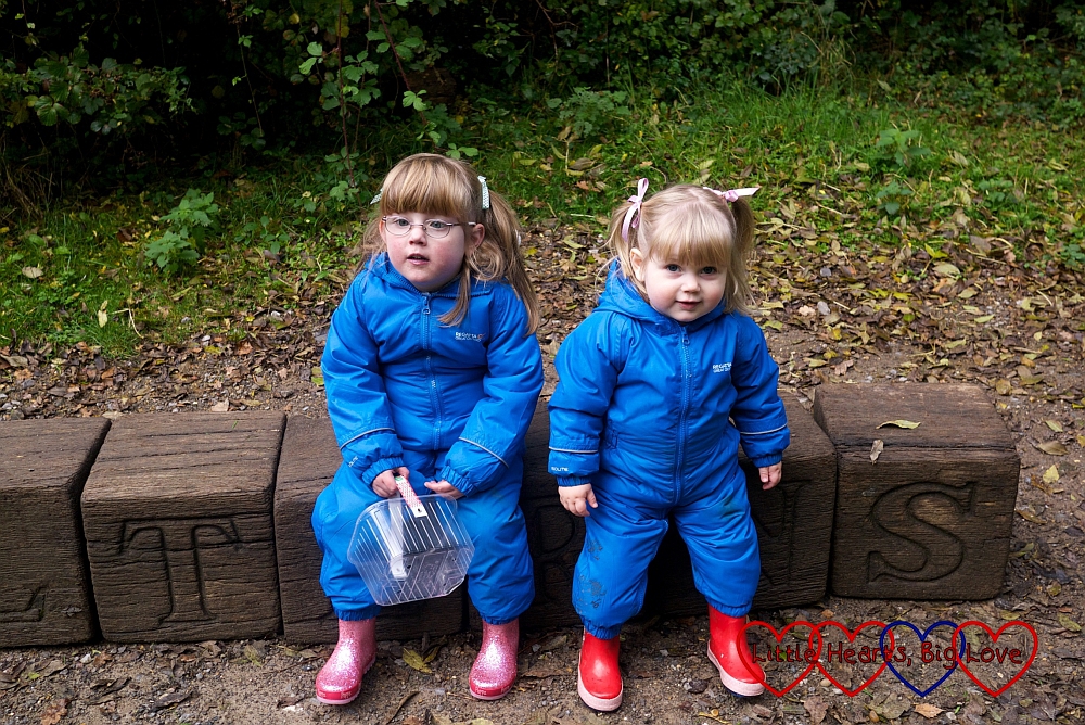 Jessica and Sophie sitting on wooden blocks at Chiltern Open Air Museum