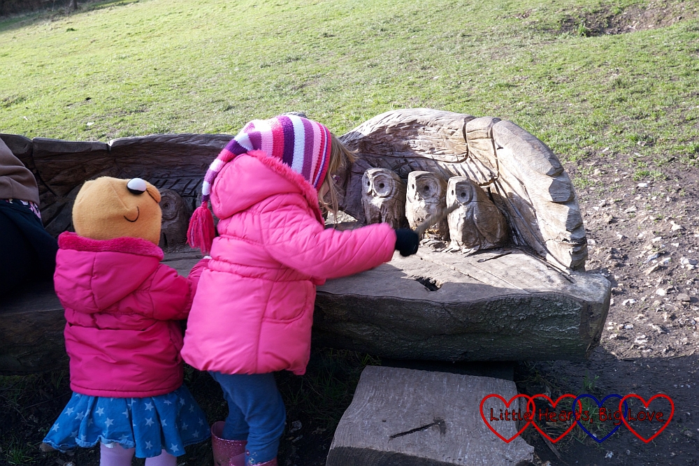 A bench with carved owls - The Stick Man Trail at Wendover Woods - Little Hearts, Big Love