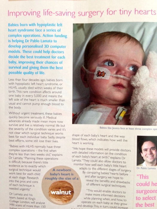Jessica's photo being featured in the Action Medical Research supporters' magazine highlighting research into improving outccomes for babies with HLHS