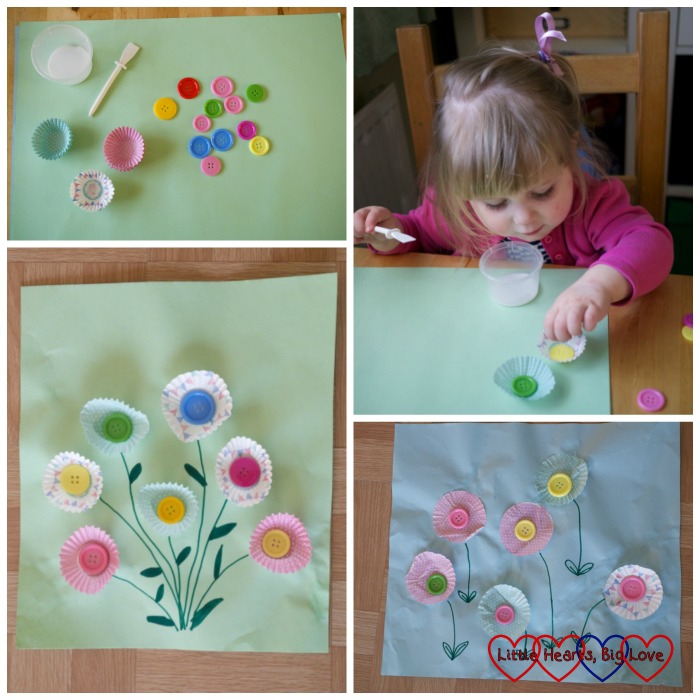 A piece of card, glue pot, buttons and small cupcake cases; Sophie sticking the buttons inside her cupcake cases and the finished cupcake case flower picture