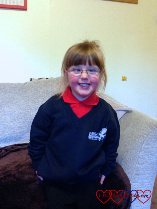 A very excited Jessica in her Girls' Brigade uniform