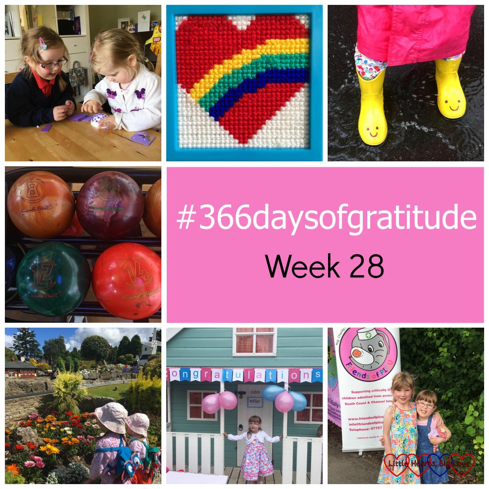 Teamwork, a woollen heart for my anniversary, waterproofs and wellies, a date night bowling, a day at Bekonscot model village, the preschool leavers' party and a day at the Friends of PICU family fun day - the things I've been grateful for this week
