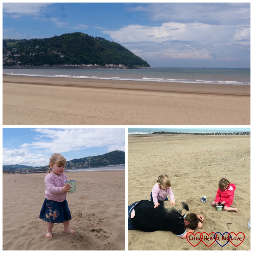 Three photos - the view across the beach, Sophie collecting sand in her bucket and Sophie covering Daddy with sand while Jessica builds a sandcastle