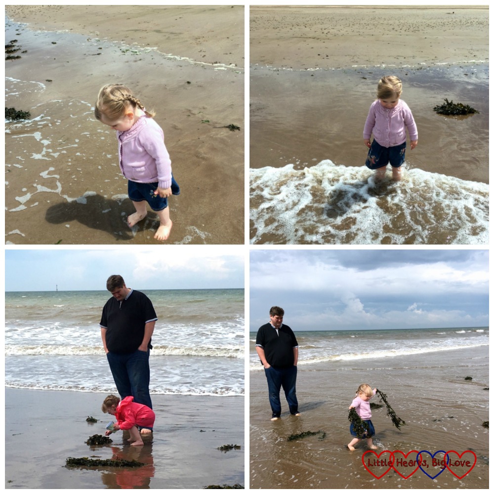 Four photos - top two are of Sophie paddling in the sea; bottom photos - Jessica paddling in the sea and picking up seaweed with Daddy, and Sophie carrying seaweed down the beach with Daddy in the background
