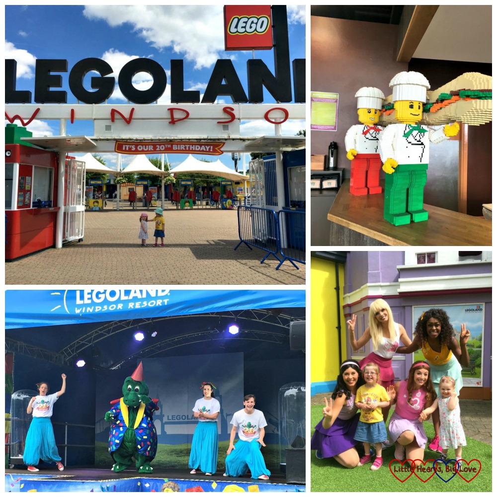 A collage of photos - 1) the girls standing underneath the Legoland entrance, 2) Two Lego chefs carrying a baguette made from Lego, 3) Three dancers and Ollie the dragon taking part in the 20th anniversary show and 4) my girls with the Lego Friends girls