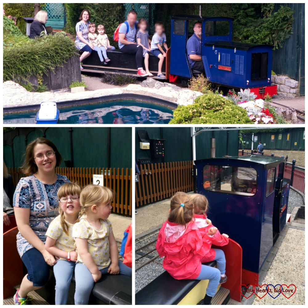 Three photos - top: me and the girls riding past the pond on the light railway; bottom left - me and the girls sitting on the train; bottom right - Jessica and Sophie sitting behind the engine