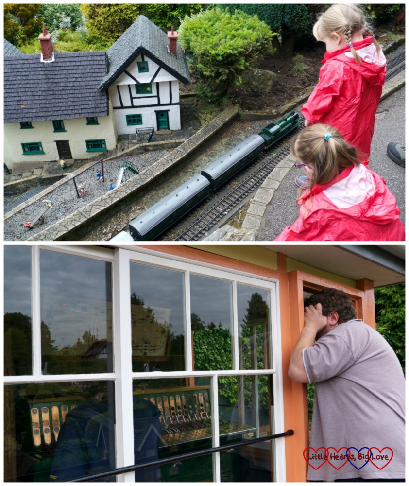 Top photo - Jessica and Sophie watching the trains go past on the miniature railway; bottom photo - Hubby peering into the signal box
