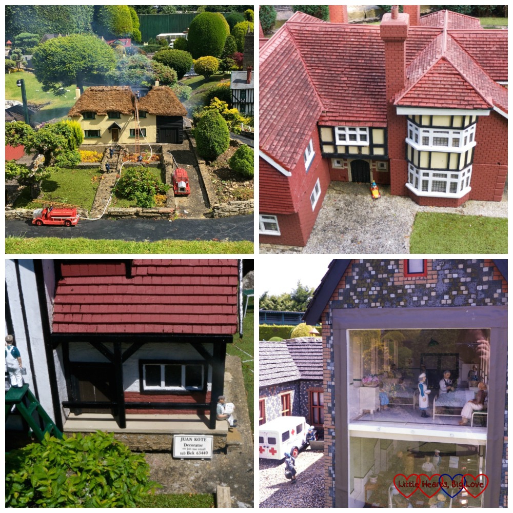 Four photos: top left - a miniature cottage on fire with fire engines outside; top right - Enid Blyton's cottage with Noddy in his car outside; bottom left - a house being painted by "Juan Kote" and bottom right - a miniature ward inside the hospital