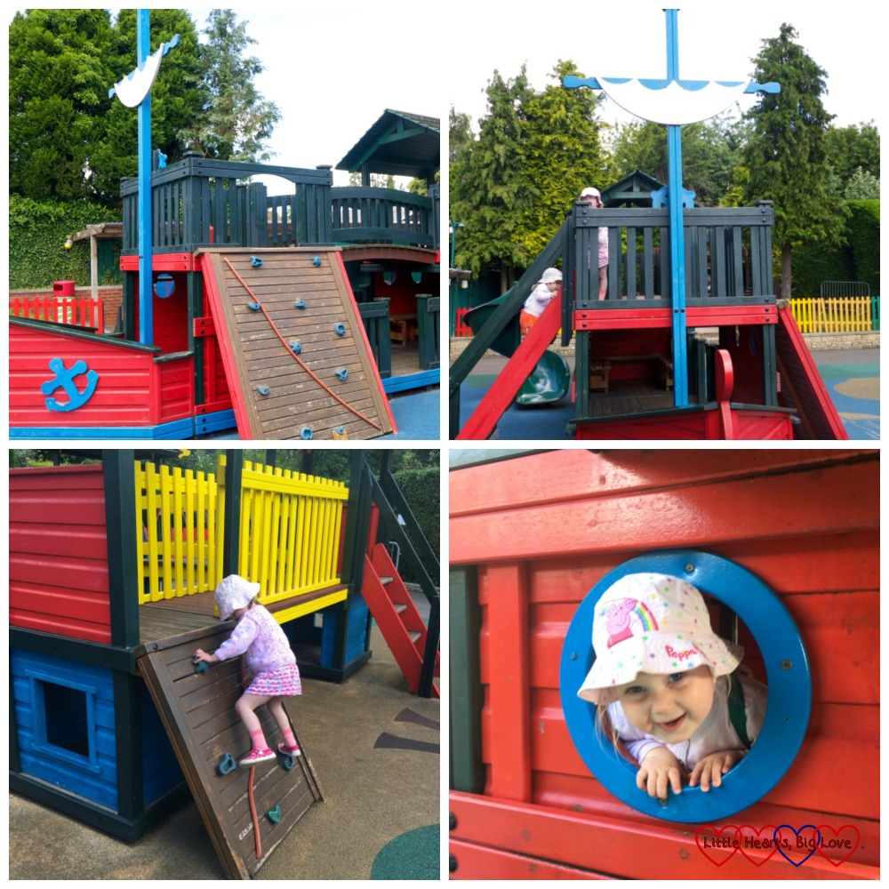 Top left - the pirate ship play area; top right - Jessica at the top of the pirate ship play area; bottom left - Jessica climbing up the climbing wall; bottom right - Sophie peeking through a porthole in the play area